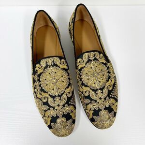 Superglamorous Harley Yamka Black Gold Embroidered Canvas Leather Slippers 45 13